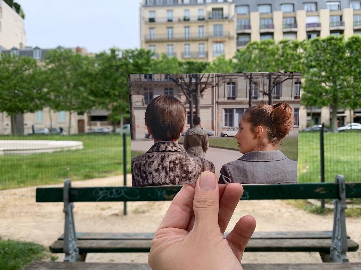 Le banc de l'avenue de Breteuil à Paris où s'assoient Jean-Pierre Léaud et Claude Jade à la fin de Baisers volés de Truffaut / © Le Superposeur