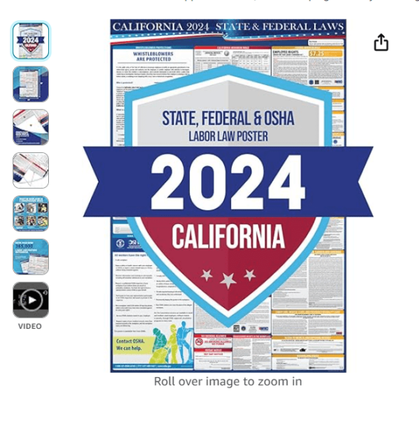 2024 California State and Federal Labor Laws Poster - English Version - OSHA Workplace Compliant - All in One Compliance Posting 24" x 36" (English) | EZ Auction