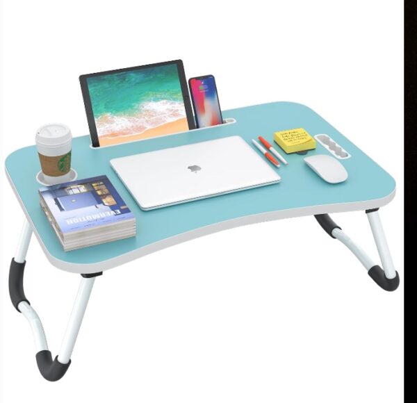 Folding Lap Desk, 23.6 Inch Portable Wood Blue Laptop Bed Desk Lap Desk with Cup Holder, for Working Reading Writing, Eating, Watching Movies for Bed Sofa Couch Floor | EZ Auction