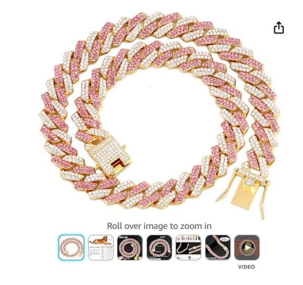 ***ONE CLASP LATCH IS MISSING***Gold Dog Chain Collar Diamond Cuban Collar Walking Metal Chain Collar with Design Secure Buckle Dog Collars for Medium Large Dogs (18inch, Pink-Gold) | EZ Auction