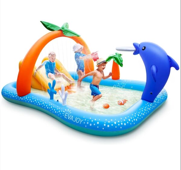 Kiddie Pool,Evajoy Inflatable Play Center Kiddie Pool with Slide, Wading Lounge Kids Pool, Coconut Palm Sprinkler, Ball Toss Game for Toddler, Kid Children, Garden Backyard Water Park, 95''x75''x40'' | EZ Auction