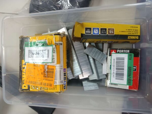 ***CONTAINER HALF FULL SPALES AND NAILS***DEWALT 7/32 in. Crown x 1-1/4 in. 18-Gauge Glue Collated Staples | EZ Auction