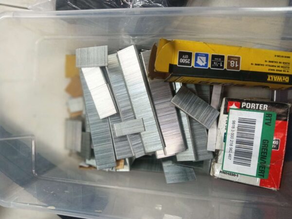 ***CONTAINER HALF FULL SPALES AND NAILS***DEWALT 7/32 in. Crown x 1-1/4 in. 18-Gauge Glue Collated Staples | EZ Auction