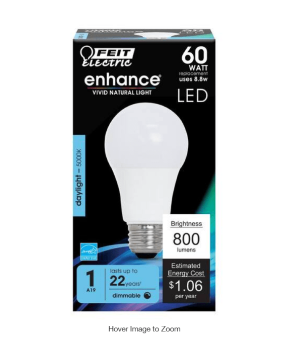 60-Watt Equivalent A19 Dimmable CEC Title 20 ENERGY STAR 90+ CRI E26 Medium Base LED Light Bulb, Daylight 5000K (1-Pack) | EZ Auction