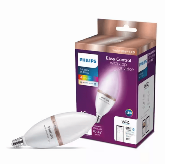 40-Watt Equivalent B12 LED Smart Wi-Fi Color Changing E12 Base 6500 (K) Light Bulb powered by WiZ w/ Bluetooth (1-Pack) | EZ Auction