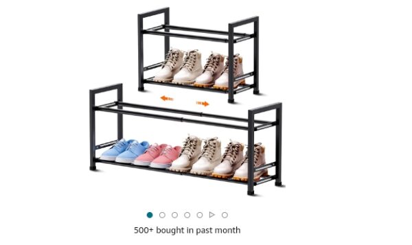 Expandable Shoe Rack for Closet, Adjustable Small Shoe Rack for Entryway, Shoe Rack for Small Space, Extendable Shoe Organizer for Front Door, Sturdy Metal, Black 2-tier | EZ Auction