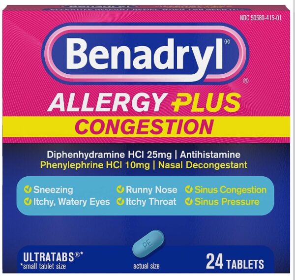 EXP 04/2025* Benadryl Allergy Plus Congestion Ultratabs with Diphenhydramine HCl Antihistamine & Phenylephrine HCl Nasal Decongestant, Allergy & Sinus Congestion Relief Tablets, 24 ct | EZ Auction