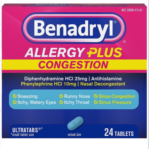 EXP 04/2025* Benadryl Allergy Plus Congestion Ultratabs with Diphenhydramine HCl Antihistamine & Phenylephrine HCl Nasal Decongestant, Allergy & Sinus Congestion Relief Tablets, 24 ct | EZ Auction