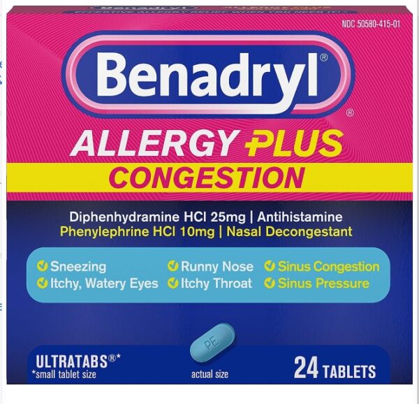 EXP 04/2025* Benadryl Allergy Plus Congestion Ultratabs with Diphenhydramine HCl Antihistamine & Phenylephrine HCl Nasal Decongestant, Allergy & Sinus Congestion Relief Tablets, 24 ct | EZ Auction