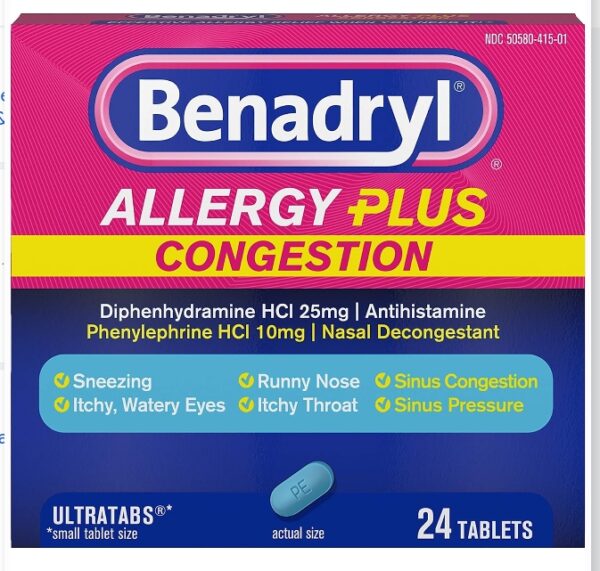 EXP 04/2025* Benadryl Allergy Plus Congestion Ultratabs with Diphenhydramine HCl Antihistamine & Phenylephrine HCl Nasal Decongestant, Allergy & Sinus Congestion Relief Tablets, 24 ct | EZ Auction