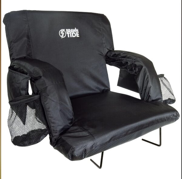 BRAWNTIDE Stadium Seat with Back Support - Comfy Cushion, Thick Padding, 2 Steel Bleacher Hooks, 4 Pockets, 2 Cup Holders, Reclining Back, Ideal Chair for Sport Events, Beaches, Camping, Concerts | EZ Auction