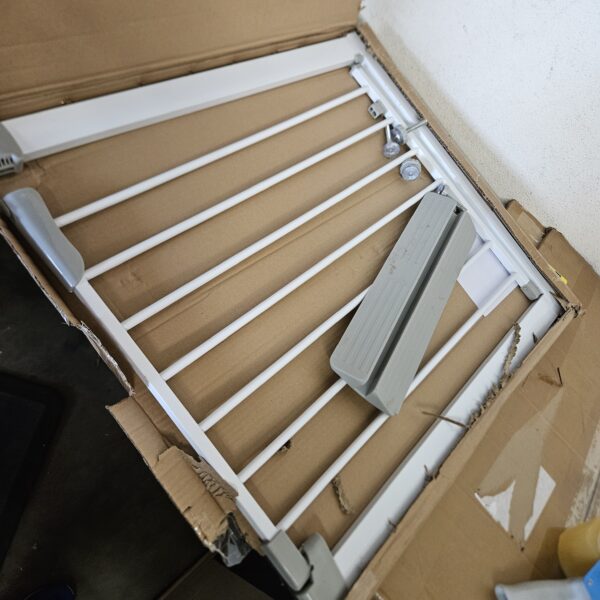 ***USED***Adjustable Baby Gates for Doorways Stairs and House, Auto Close Safty Gates, Easy Walk, Extra Tall and Wide Child Gate, Tall White Pet Gate, Metal Baby Gate Dog Gate, Pressure Mount | EZ Auction