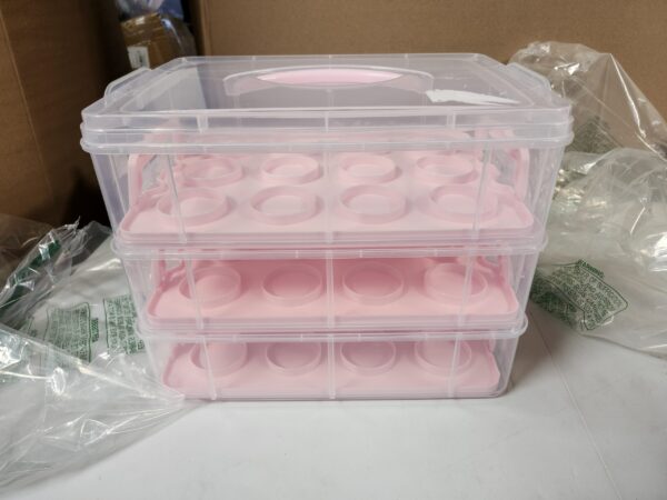 3 Tier Cupcake Carrier with Lid and Handle, Holds 36 Cupcakes (Pink, 13.5 x 10.25 x 10.75 In) | EZ Auction