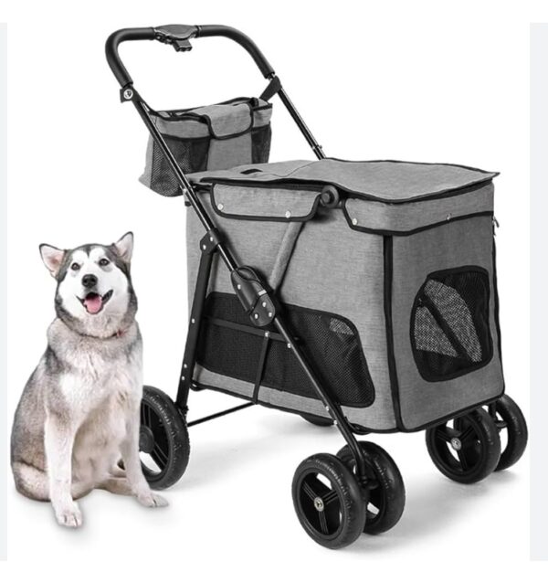 ***USED***Dog Stroller for Medium Dogs, Pet Wagon Stroller with Dual Entry&Tops, Detachable Storage Bag One-Click Folding 4 Wheel Pet Cart Stroller for Small&Medium Dogs Cats Walk Travel- Gray | EZ Auction