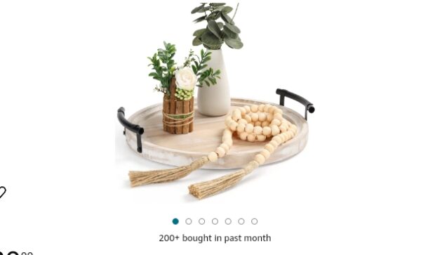 Round Wood Tray/w Wood Bead Garland - 13" Decorative Trays for Home Decor - Round Wooden Tray with Handles - Wooden Round Tray for Kitchen Counter. | EZ Auction