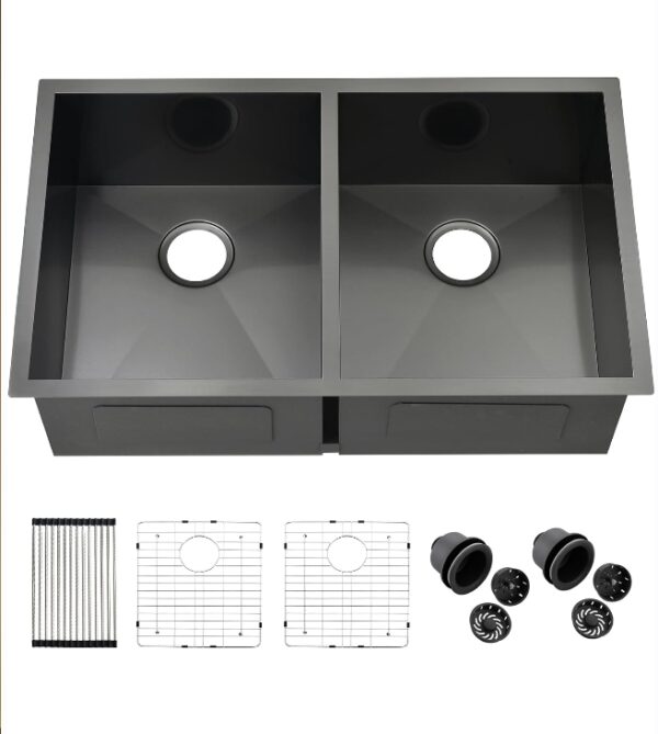 32 Undermount Double Bowl Black Kitchen Sink, ZDHHT Stainless Steel 16 Gauge 32 x 19 Inches Black 304 Double Bowl 50/50 Undermount Kitchen Sink Basin | EZ Auction