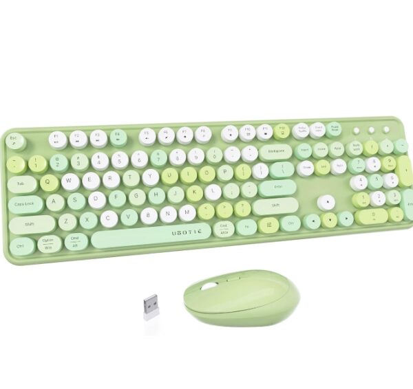 UBOTIE Colorful Computer Wireless Keyboards Mouse Combos, Typewriter Flexible Keys Office Full-Sized Keyboard, 2.4GHz Dropout-Free Connection and Optical Mouse (Green-Colorful) | EZ Auction