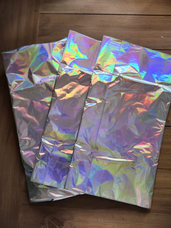 PHOGARY 3 Pack Iridescence Tablecloths for Iridescent Party Decorations, Holographic Foil Table Cloth Disposable Plastic Rectangle Shiny Laser Table Cover for Birthday Wedding Disco Party | EZ Auction