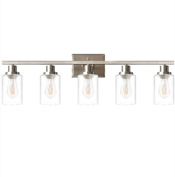 Ascher 5 Light Bathroom Vanity Light, Modern Over Mirror Light Fixtures with Clear Glass Shade, E26 Base Brushed Nickel Wall Sconces Light for Hallway Restroom | EZ Auction