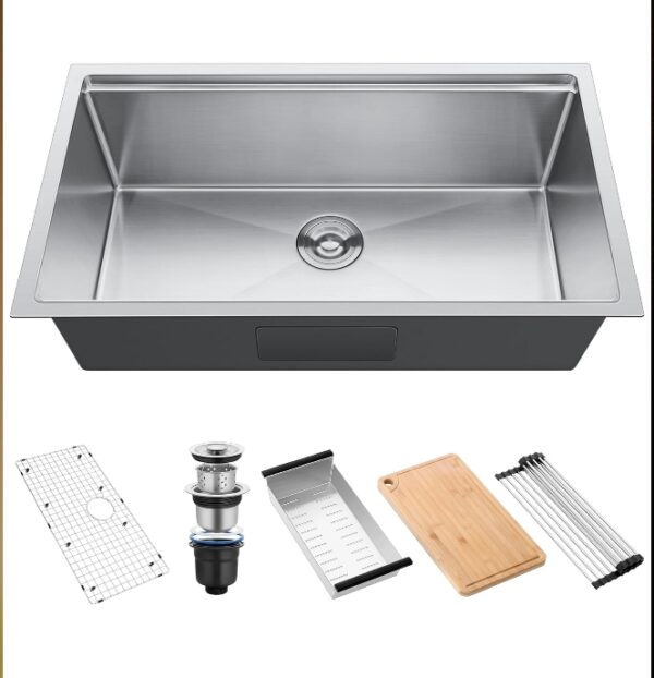 Homikit Undermount Kitchen Sink, 27x18 Inch Single Bowl Kitchen Sinks, 16 Gauge Stainless Steel Kitchen Sink, Brushed Nickel Workstation Sink with 5 Accessories, 10 Inch Deep Sink | EZ Auction