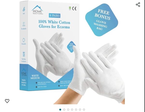 Home Solutions™ | 8 Pairs | 100% White Cotton Gloves for Eczema | Free Wash Bag | Moisturizing Treatment Gloves for Dry Hands, Sleeping Spa Gloves, Lotion Gloves Overnight for Women & Men (M) | EZ Auction