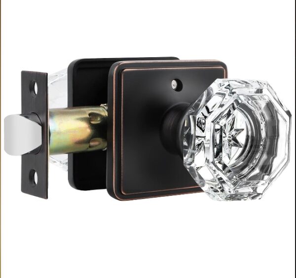 Orger Glass Door Knob Privacy Door Lock for Bedroom and Bathroom Interior Door Handles, Octagonal Crystal Door Knob Oil Rubbed Bronze Vintage Style with Square Back Plate | EZ Auction