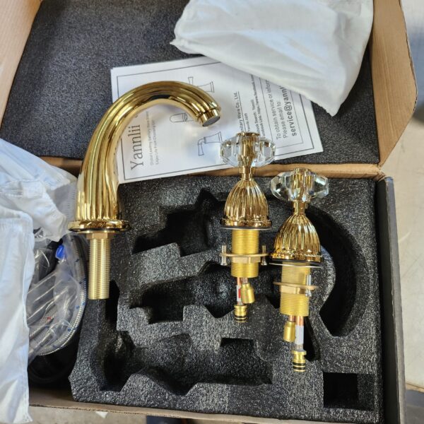 Shiny Polished Gold Widespread Bathroom Sink Faucet,Two Crystal Handle Three Hole Brass Lavatory Vanity Faucet,8-16 Inch Basin Mixer Tap with Pop Up Drain Assembly,French Gold | EZ Auction