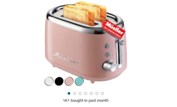 Mueller Retro Toaster 2 Slice with 7 Browning Levels and 3 Functions: Reheat, Defrost & Cancel, Stainless Steel Features, Removable Crumb Tray, Under Base Cord Storage, Pink | EZ Auction