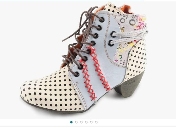 Size 9.5, Women's Retro Polka Dot Leather Patchwork Booties Low Heel Lace-up and Zipper Women's Ankle Boots | EZ Auction