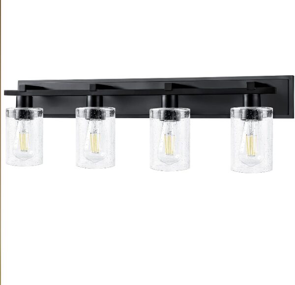 Espird Bathroom Vanity Light, 4 Light Matte Black Light Fixture with Thickened Seeded Glass Shade, 33 inch Modern Wall Sconce,Vanity Light Over Mirror for Bathroom | EZ Auction
