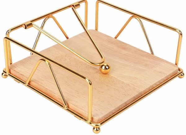 Metal Gold Napkin Holder for Table with Weight Arm - Flat Paper Napkins Holders for Kitchen Table with Wood Base, Farmhouse Paper Holder Dispenser for Cocktail, Bathroom, Party, Room Decor | EZ Auction