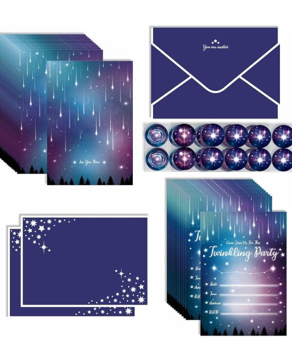 ***Not Exact to Photo, Missing Pieces***12 Set Romantic Aurora Shoting Star Party Invitation Card with Envenopes Galaxy Stickers for Universe Twinkle Litter Star Starry Night Birthday Bday Anniversary Baby Shower Party Supples | EZ Auction