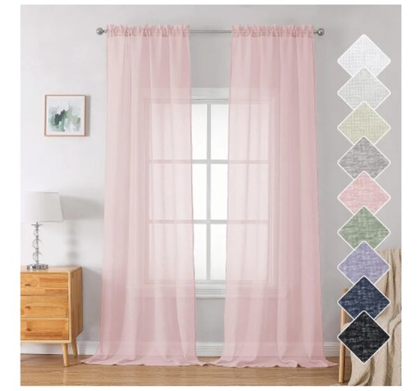 Leclod Doris Pink Sheer Curtains 96 Inches Long Set of 2 Panels, Outdoor Livng Room Faux Linen Curtain & Drapes Dual Rod Pocket Window Decor, Texture Sheer Curtains for Girls Bedroom Panel, 40W x 96L | EZ Auction