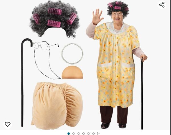 ***GOWN NOT INCLUDED***Yaomiao 12 Pcs Old Lady Costume Set Women's Big Butt Short Sleeve Robe Granny Wig with Hair Rollers Foldable Crutch Glasses | EZ Auction