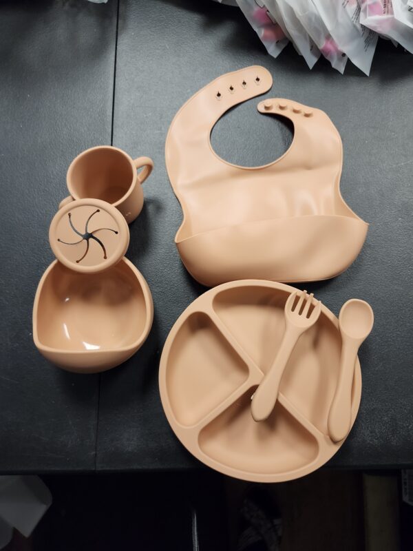 Baby Silicone Feeding Supplies Food Bowl Rice Spoon bib Silicone Set 6 Pieces Set Orange-red | EZ Auction