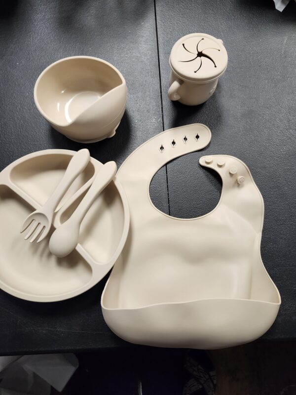 Baby Silicone Feeding Supplies Food Bowl Rice Spoon bib Silicone Set 6 Pieces Set Beige | EZ Auction