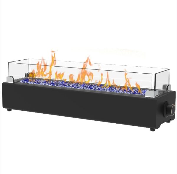 28-inch Table Top Propane Fire Pit, 40,000 BTU Tabletop Firepit for Patio, Outdoor Portable Fireplace Rectangular Fire Bowl w/Wind Glass Shield, Glass Rocks - Black | EZ Auction