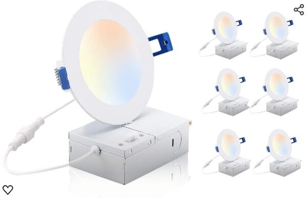 CLOUDY BAY 4 inch 3000K/4000K/5000K Three Color Temperature Selectable, Dimmable 10W CRI 90+, IC Rated, ETL/JA8, Ultra Thin Recessed Downlight with Junction Box, White Finish, 6PK | EZ Auction