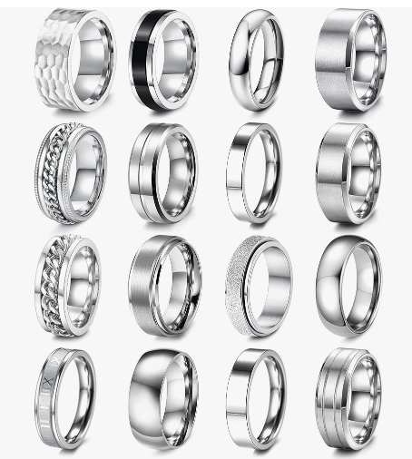 16Pcs Men's Stainless Steel Rings Cool Silver Band Ring for Women Men ...