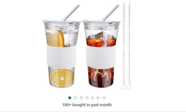 2 pcs Iced Coffee Cups with Lids, 16 oz Glass Cups with Lids and Straws, Reusable Tumbler with Silicone Sleeve, Wide Mouth Can Shaped Drinking Glasses for Coffee Juice Water Smoothie (White) | EZ Auction