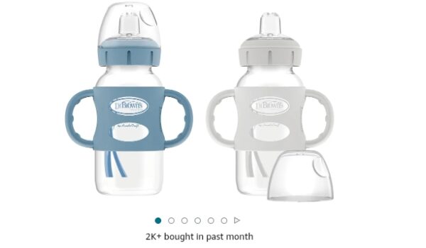 Dr. Brown's Milestones Wide-Neck Sippy Spout Bottle with 100% Silicone Handles, Easy-Grip Handles with Soft Sippy Spout, 9oz/270mL, Light-Blue & Gray, 2-Pack, 6m+ | EZ Auction