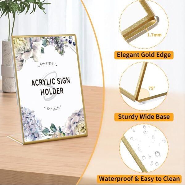 Smarpau 6 Pack Gold Acrylic Sign Holder 5x7 Gold Picture Frames Double Sided Acrylic Sign Holder with Gold Table Menu Holders for Wedding Party Photos Art Display | EZ Auction