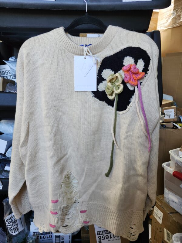 ***SIZE S***BEIGE DISTRESSED AELFRIC EDEN SWEATER WITH FLOWERS | EZ Auction