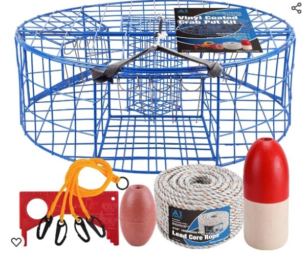 Heavy Duty Crab Pot Trap Blue Net Coated 3 Tunnel with 2 Trap Doors(30''Dia-10''Tall) Kit | EZ Auction