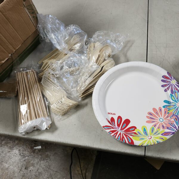*** DIFFERENT COLOR FOR THE BIG PLATES***250 Piece Compostable P Plates Set with Extra Long Utensils, Sugarcane Fibers Disposable Dinnerware Set, Eco Friendly Biodegradable Plates, Cups, Spoons, Fork for Party, Camping, Picnic | EZ Auction