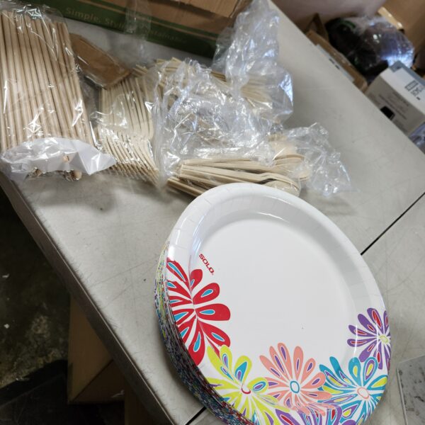 *** DIFFERENT COLOR FOR THE BIG PLATES***250 Piece Compostable P Plates Set with Extra Long Utensils, Sugarcane Fibers Disposable Dinnerware Set, Eco Friendly Biodegradable Plates, Cups, Spoons, Fork for Party, Camping, Picnic | EZ Auction