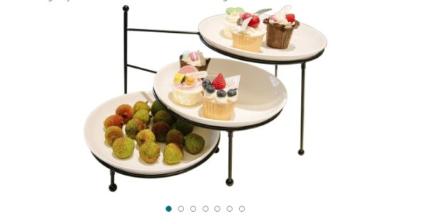HPC Decor 3 Tiered Serving Stand w/White Porcelain Plates- Foldable Swivel Food Display Stand for Party Buffet-Dessert Display Server- 10in Tier Serving Trays with Black Metal Stand for Entertaining | EZ Auction