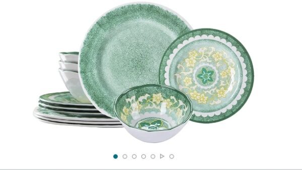 Melamine Dinnerware Set, 12-Piece Unbreakable Plates and Bowls, Light weight for Outdoor Use, Green | EZ Auction