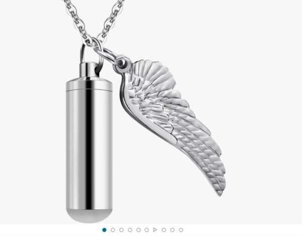 Dletay Cylinder Cremation Urn Necklace for Ashes Memorial Keepsake Pendant with Angel Wing Stainless Steel Remembrance Jewelry | EZ Auction