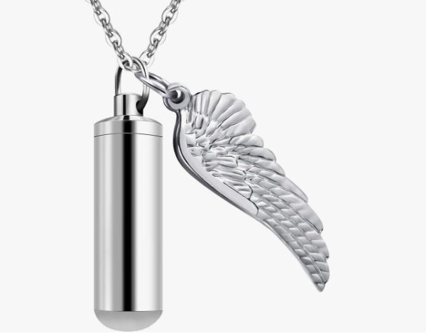 Dletay Cylinder Cremation Urn Necklace for Ashes Memorial Keepsake Pendant with Angel Wing Stainless Steel Remembrance Jewelry | EZ Auction